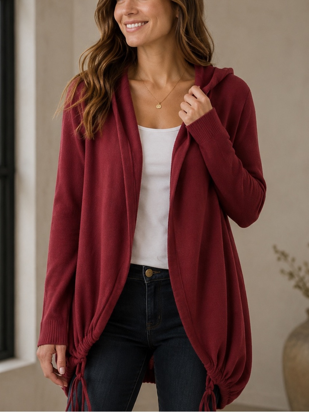 Anthropologie Shae Hooded Sweater Medium Open Front Cardigan Drawstring Red